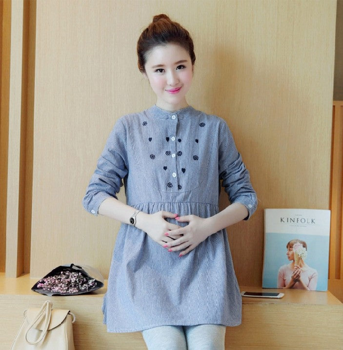 Striped Embroidered Stand Collar Maternity Top