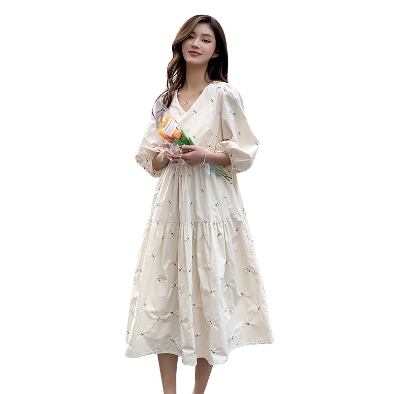 Embroidered Summer Mid-Length Maternity Dress