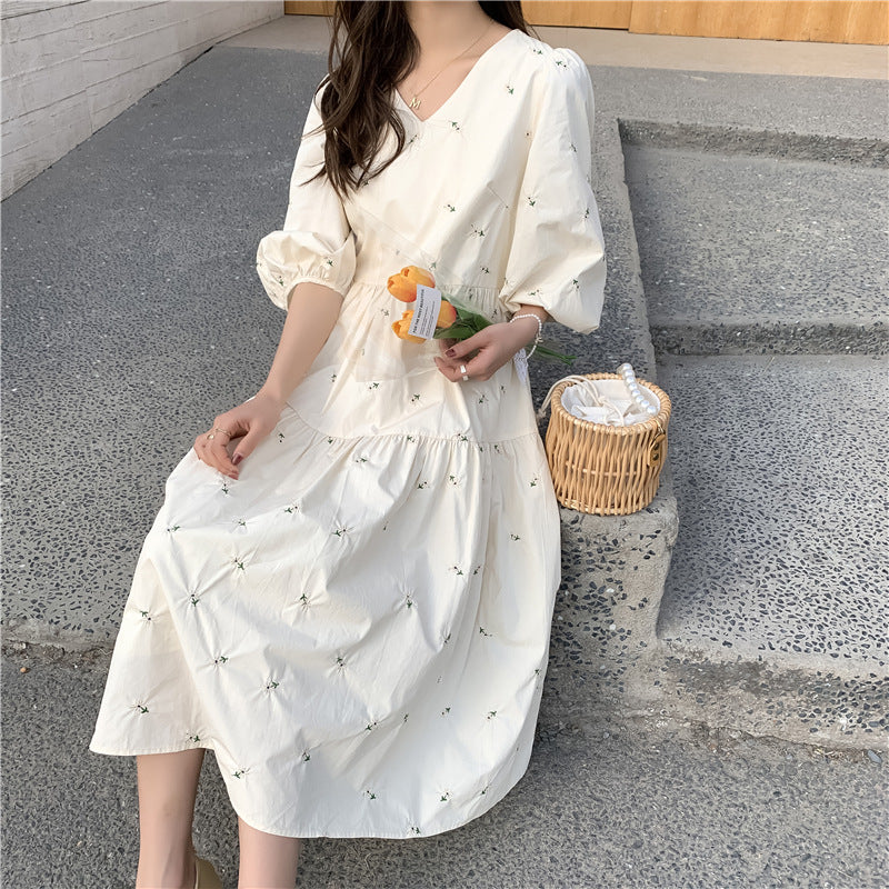 Embroidered Summer Mid-Length Maternity Dress