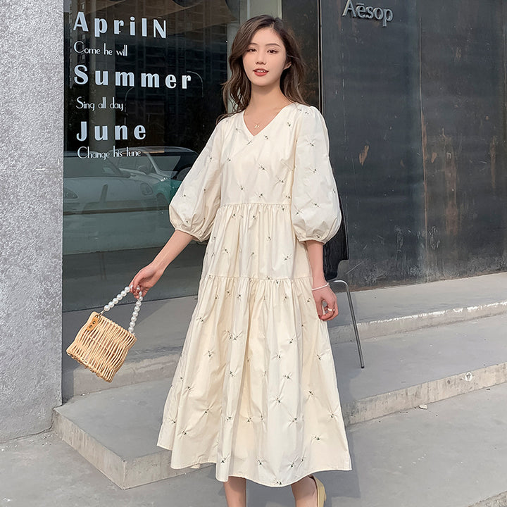 Embroidered Summer Mid-Length Maternity Dress