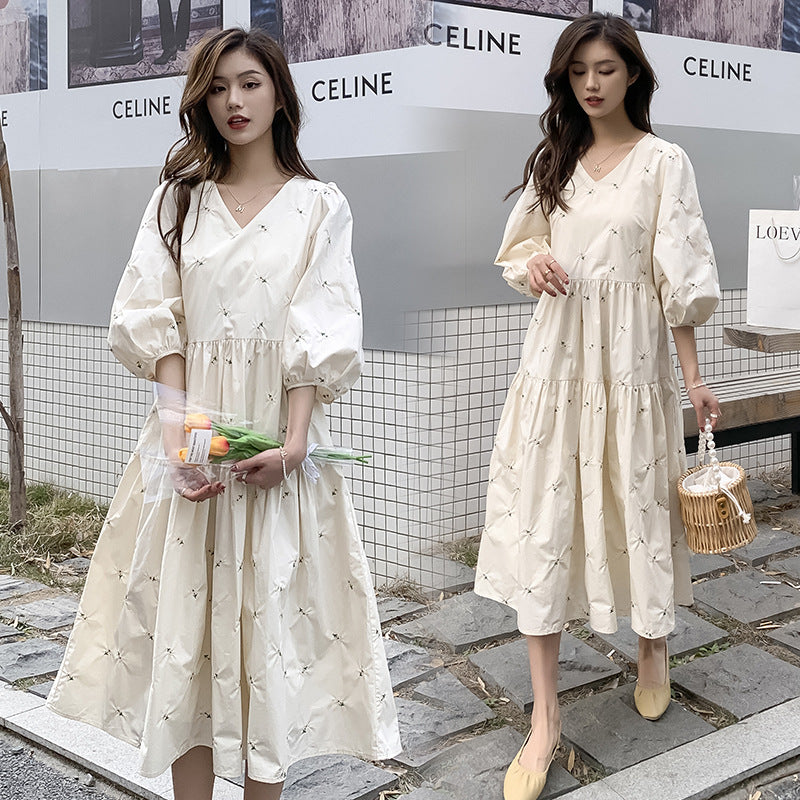 Embroidered Summer Mid-Length Maternity Dress
