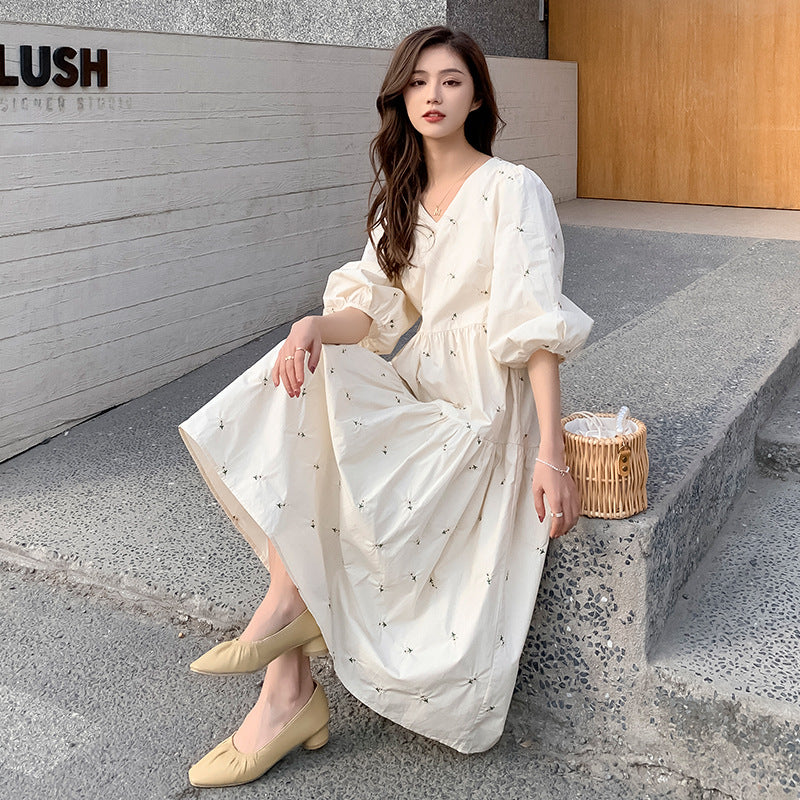 Embroidered Summer Mid-Length Maternity Dress