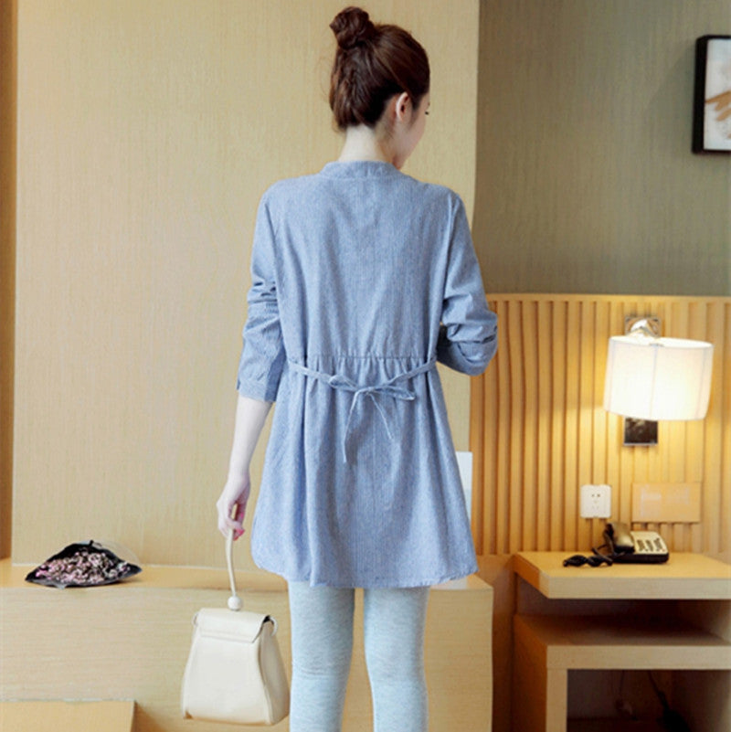Striped Embroidered Stand Collar Maternity Top