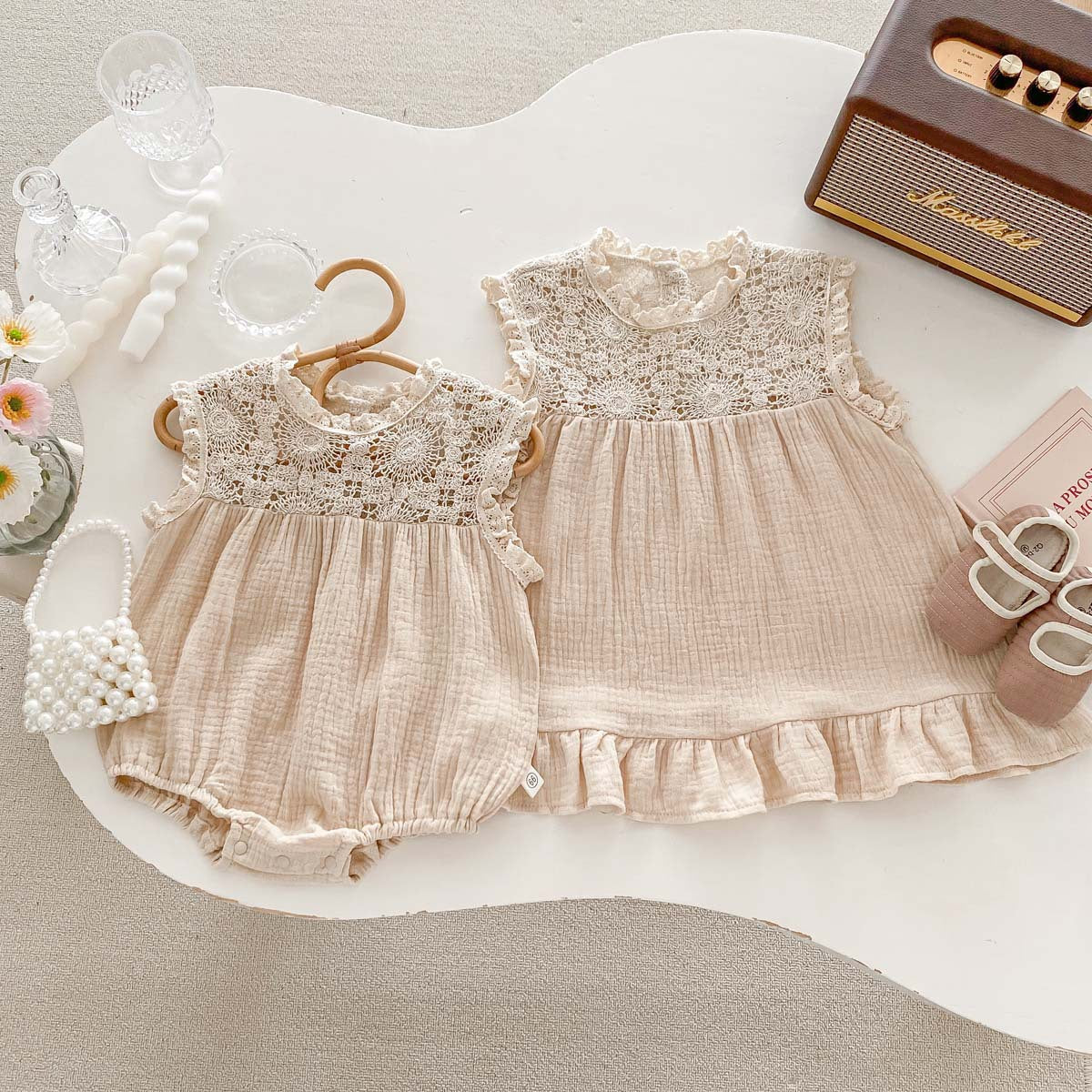 Baby Girl Summer Waffle Lace Romper