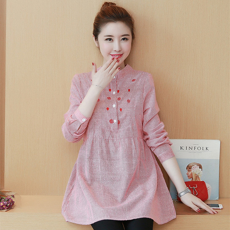 Striped Embroidered Stand Collar Maternity Top