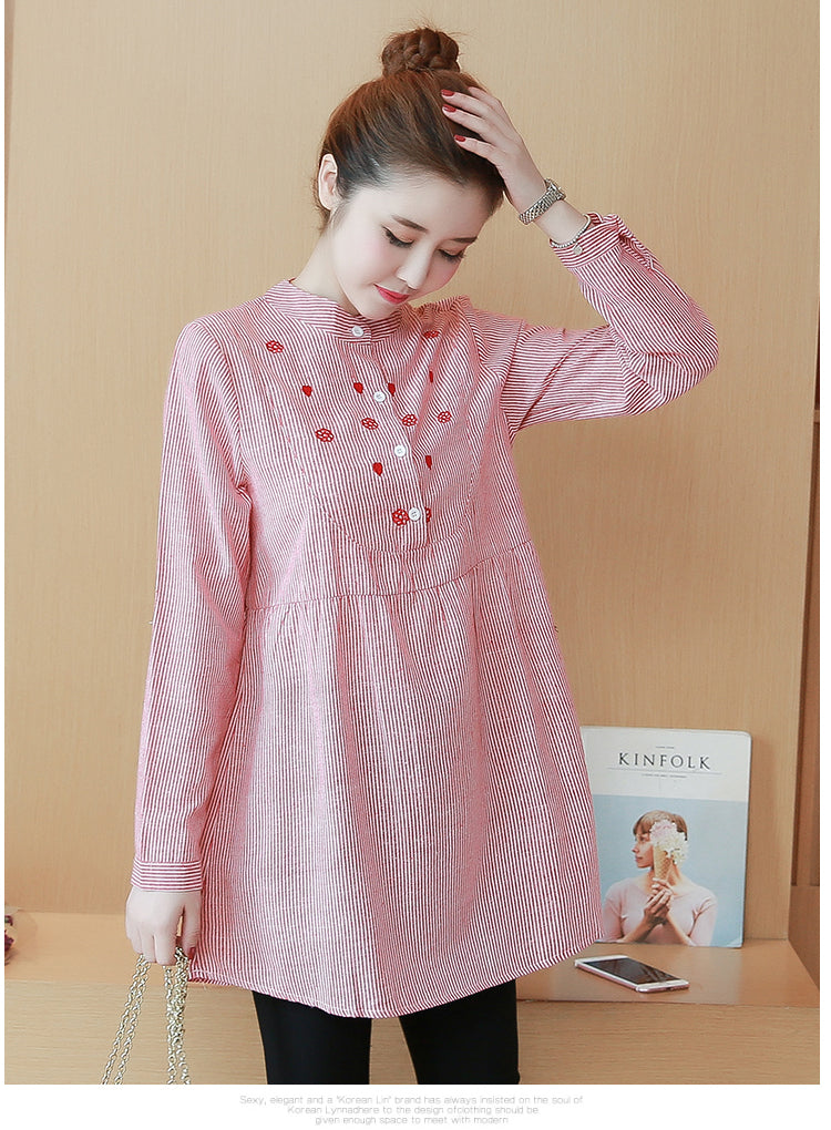 Striped Embroidered Stand Collar Maternity Top